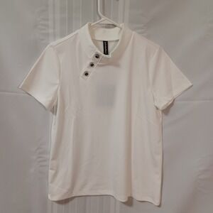 JustFashionNow Top Womens Small White Asymmetrical Mock Neck Button Short Sleeve